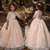 Formal Princess Vintage Half Sleeve Flower Girl Dresses 2019 Sheer Neck Lace Appliques with Sash Long Kids