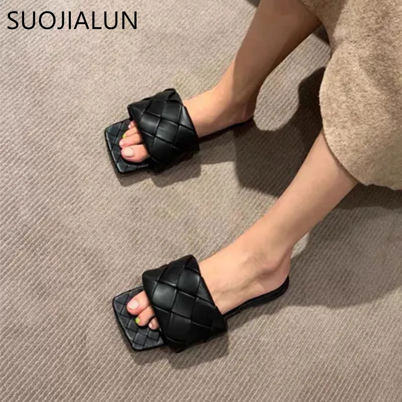 Suojialun 2020最新の女性のスライドスクエアトゥヴィーブフラットスリッパブランドデザイナー夏屋外スリッパ女性ビーチサンダルLJ200903