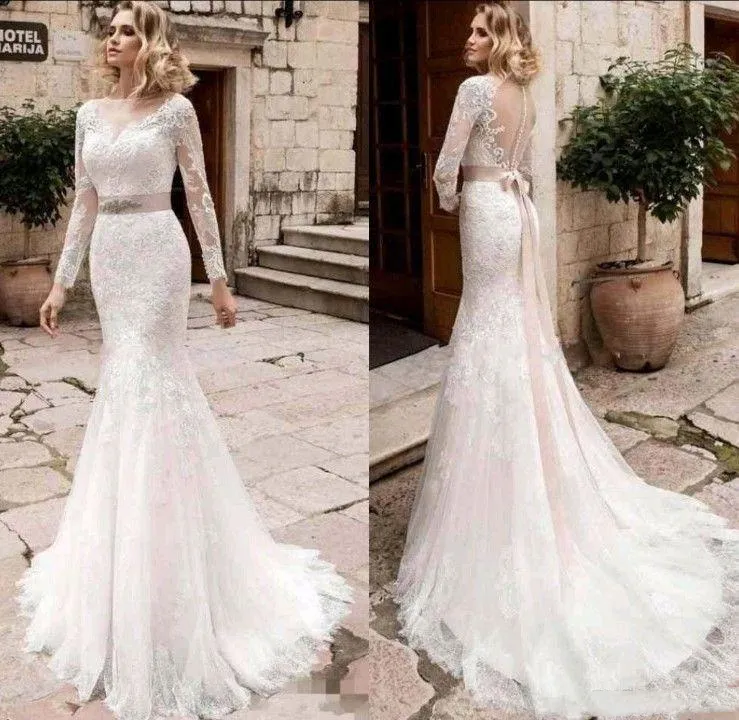 Modern Lace Mermaid Wedding Dresses Sexy Sheer Open Back Appliques Long Sleeve Trumpet Wedding Gowns For Bride 2022 Bridal Dress