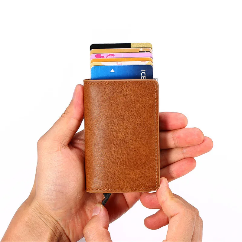 명함 홀더 남성 여성 금속 RFID 빈티지 알루미늄 상자 미친 말 PU 가죽 카드 지갑 지갑