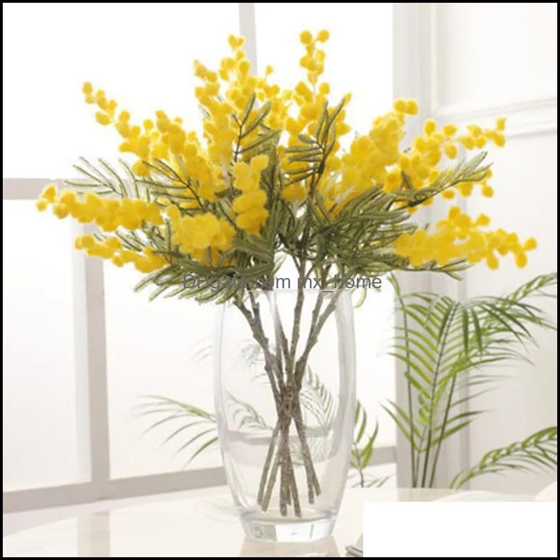 38cm Fake Acacia Artificial Flowers Yellow Mimosa Spray Cherry Fruit Branch Wedding Home Table Decoration Flower Decorative & Wreaths