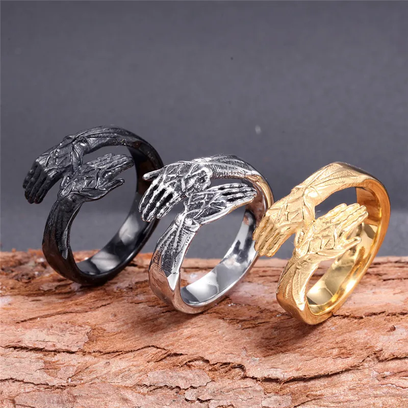 Roestvrijstalen handring palm omhelzing titanium ringen liefhebbers omhelzen elkaar sieraden groothandel