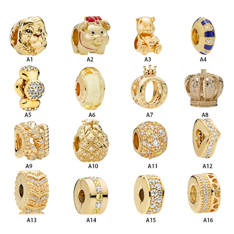 NEW 925 Sterling Silver Fit Charms Bracelets Gold Crown Bear Lion Pig Pineapple Whishbone Charms for European Women Wedding Original Fashion Jewelry8948193