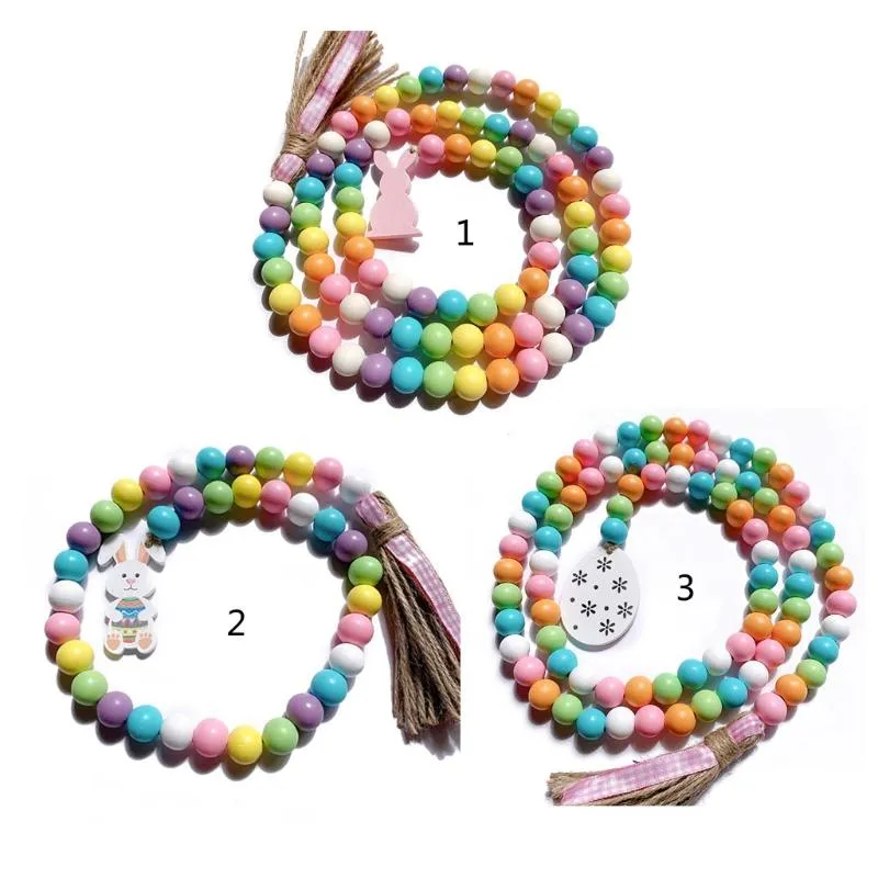 Stock Nordic Easter Wood Bead Garland with Tassels Farmhouse Beads Rustic Country Decor Kid Room Wall Hanging Ornament Home Decor