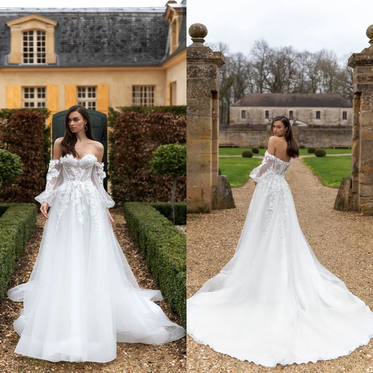 3D Floral A Line Wedding Dresses Sexy Off Shoulder Long Sleeve Bridal Gowns Backless Sweep Train robes de mariée