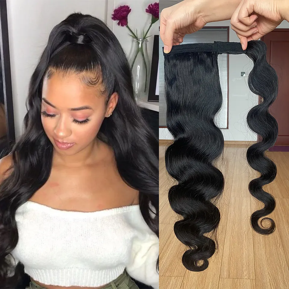 Enrole em torno de ponytail cabelo humano brasileiro onda corporal pônei cauda relógio de cabelo de remy em extensões para mulheres