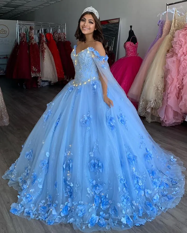 Rem ljusblå quinceanera klänningar 2022 för söt 15 fest mode 3d blommaspets applikation lyx prinsessa födelsedag klänningar quince274b