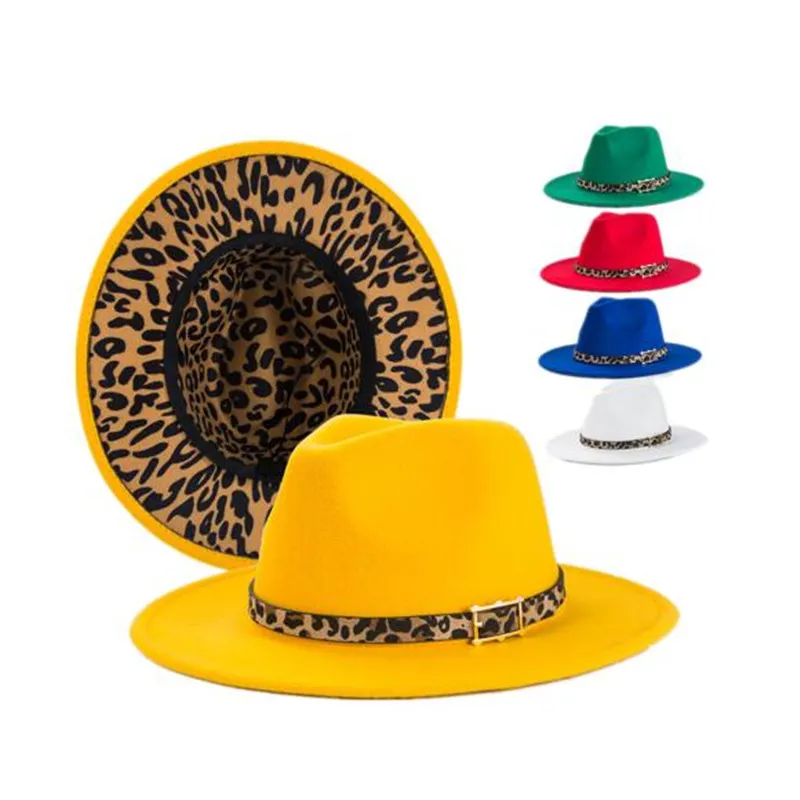 Chapeaux Fedora Léopard Femmes Hommes Feutre Chapeau Femme Homme Fedoras Mâle Mode Panama Casquettes Femme Jazz Haut-de-Forme Deux Couleurs Large Bord Casquette Printemps Automne Hiver En Gros 2022