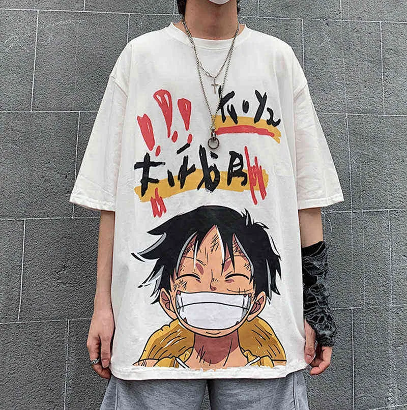 原宿グラフィックTシャツ男性女性ストリートウェアアニメワンピースルフィTシャツ夏半袖ulzzangヒップホップティートップスG1222