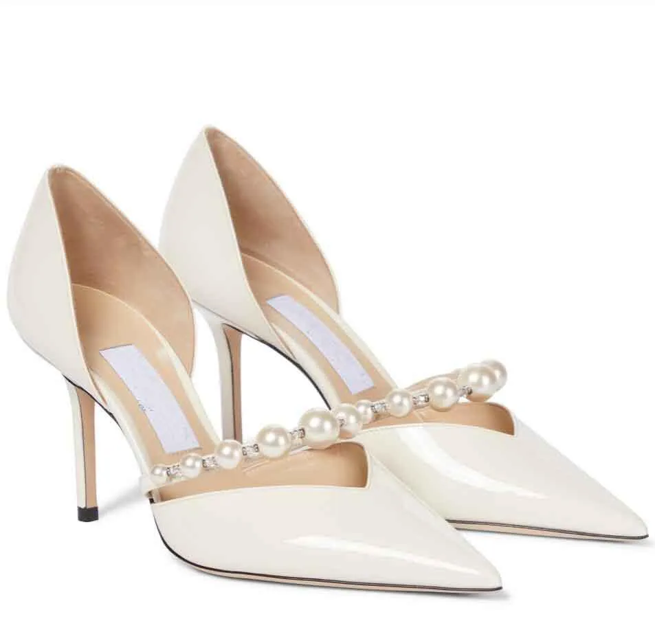 Luxury women shoes high heels pumps Aurelie 65mm heeled patent leather pointed tip Pearl Decoration Ladies Single Shoe Lady's wedding dress EU35-43