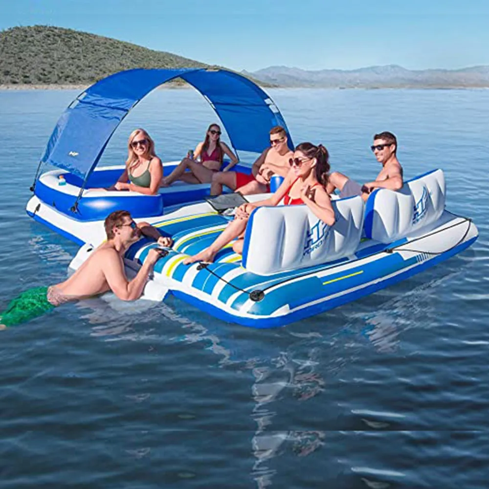 Large Inflatable 6 Person Lake Pool River Tropical Breeze party Island Float Boat Swimming Floats Bed with Sun Canopy for CA/UK