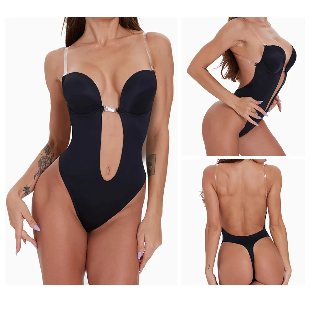 Women Body Shaper Clear Strap Backless Shapewear Deep Plunge Thong Push Up  Padded Bra Bodysuit Low Back Beige Slimming Underwear Y200706 From Luo01,  $38.74