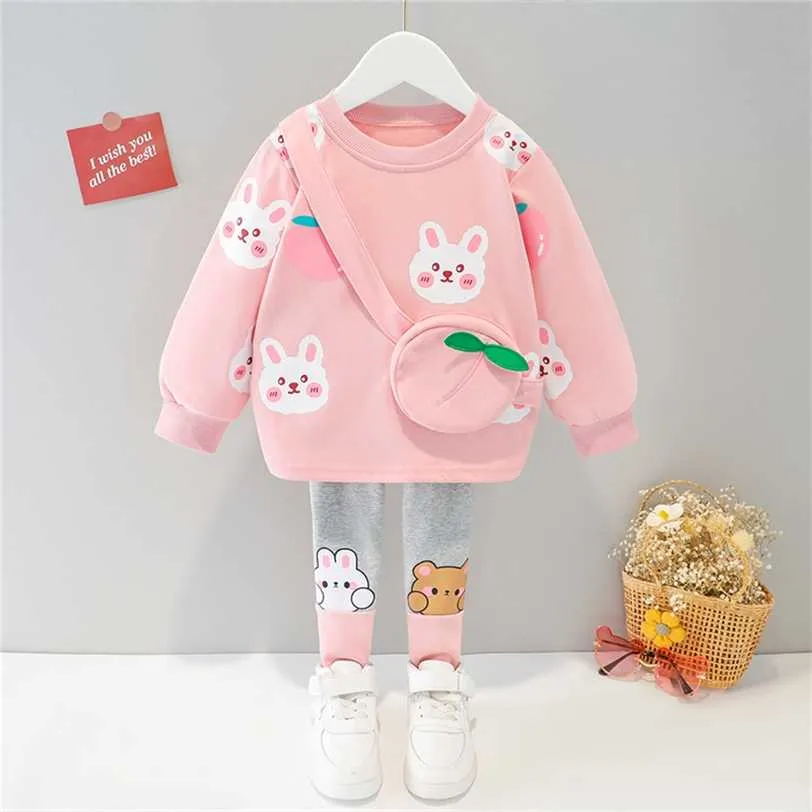 İlkbahar Sonbahar Bebek Kız Giyim Setleri Çocuklar Karikatür Tavşan Uzun Kollu T Gömlek Pantolon Çocuk Rahat Elbise Bebek Kıyafet 211224