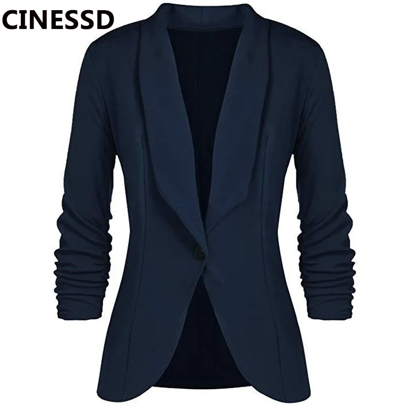 Cinessd Office Lady Blazers Jas Massief Lange Mouwen Vest Knop Casual Pak Navy Blauw Gedrapeerde Slanke Katoen Dames Blazer Jacket 201201