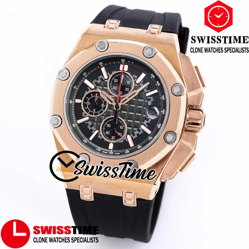 Sprzedaż Nowy 44mm 26568 Kwarcowy Chronograph Mężczyzna Zegarek Czarny Tekstura Dial Stopwatch Rose Gold Case Rubber Sport Racing Car Watches Swisstime