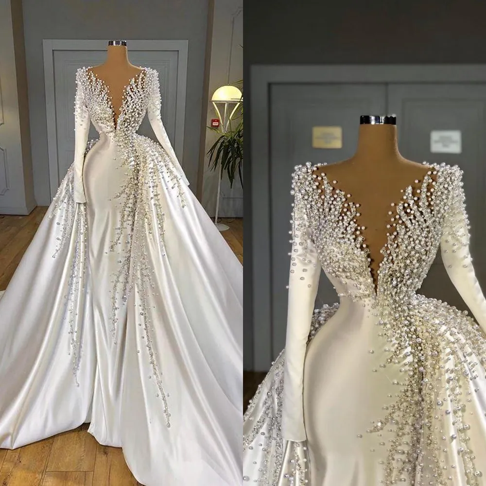 2021 Sexy Luxus Perlen Meerjungfrau Brautkleider Überrock V-Ausschnitt Satin Langarm Brautkleider Elegantes Hochzeitskleid Robes de Mari￩e Robes de Mari￩e