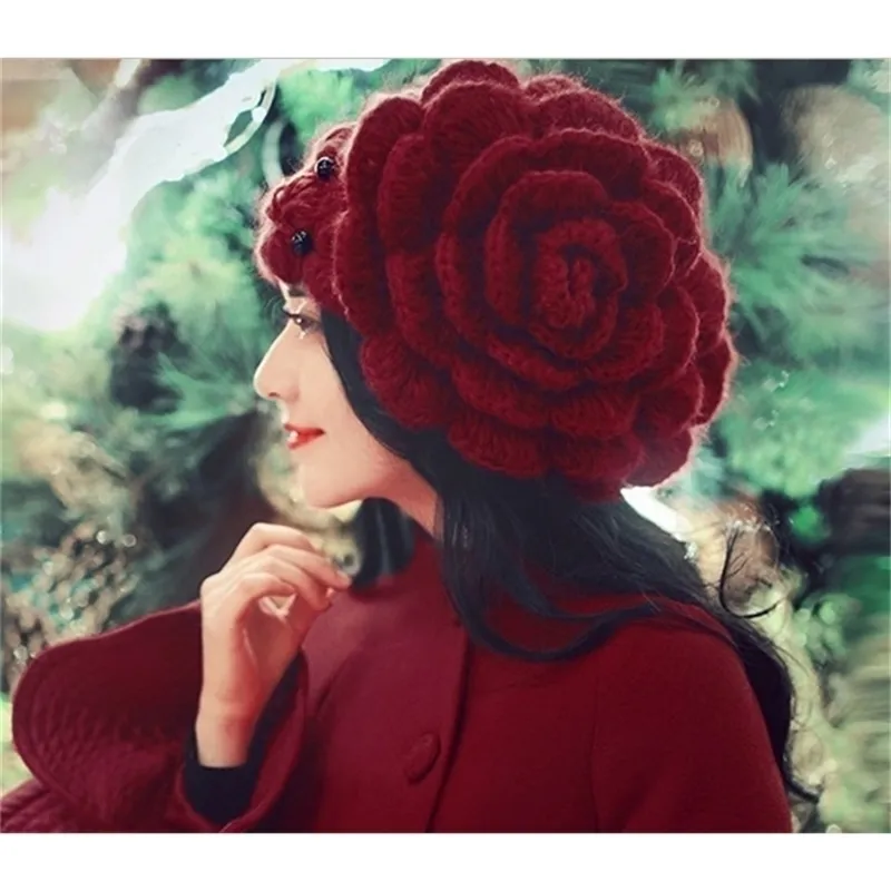 Big Flowers Perles Caps Sweet Femmes Lady Headgear Bonnets Femmes Chapeaux d'hiver Femme Laine Tricoté Chapeau Y201024