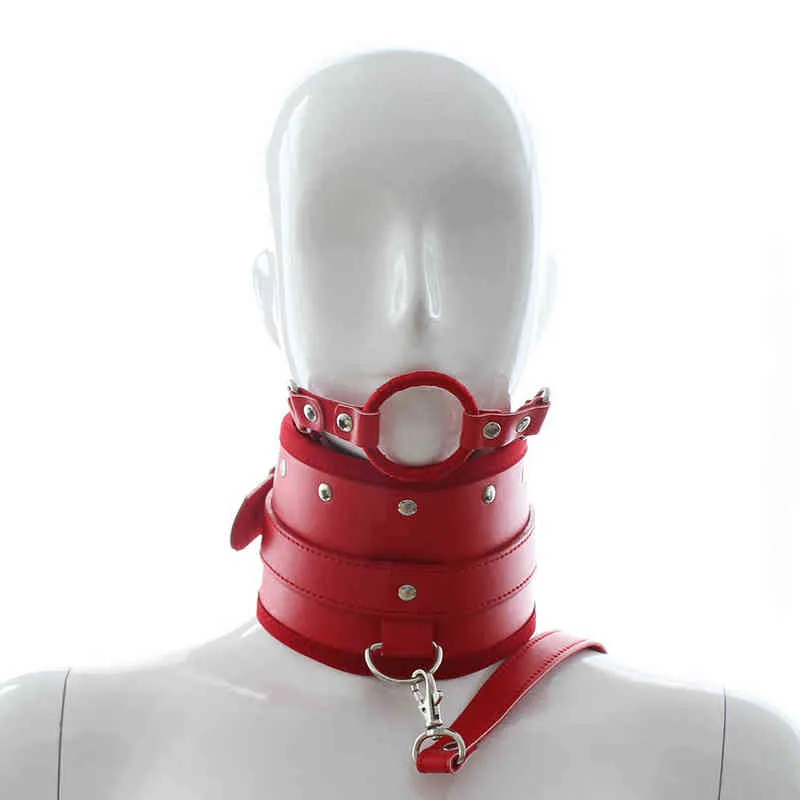 NXY Sex Dorosłych Zabawki Neck Bondage PU Leather Fetish Collars dla kobiet Doustne Gags Czerwone otwarte usta Gag Slave Collar z smyczą CR 09045 1225