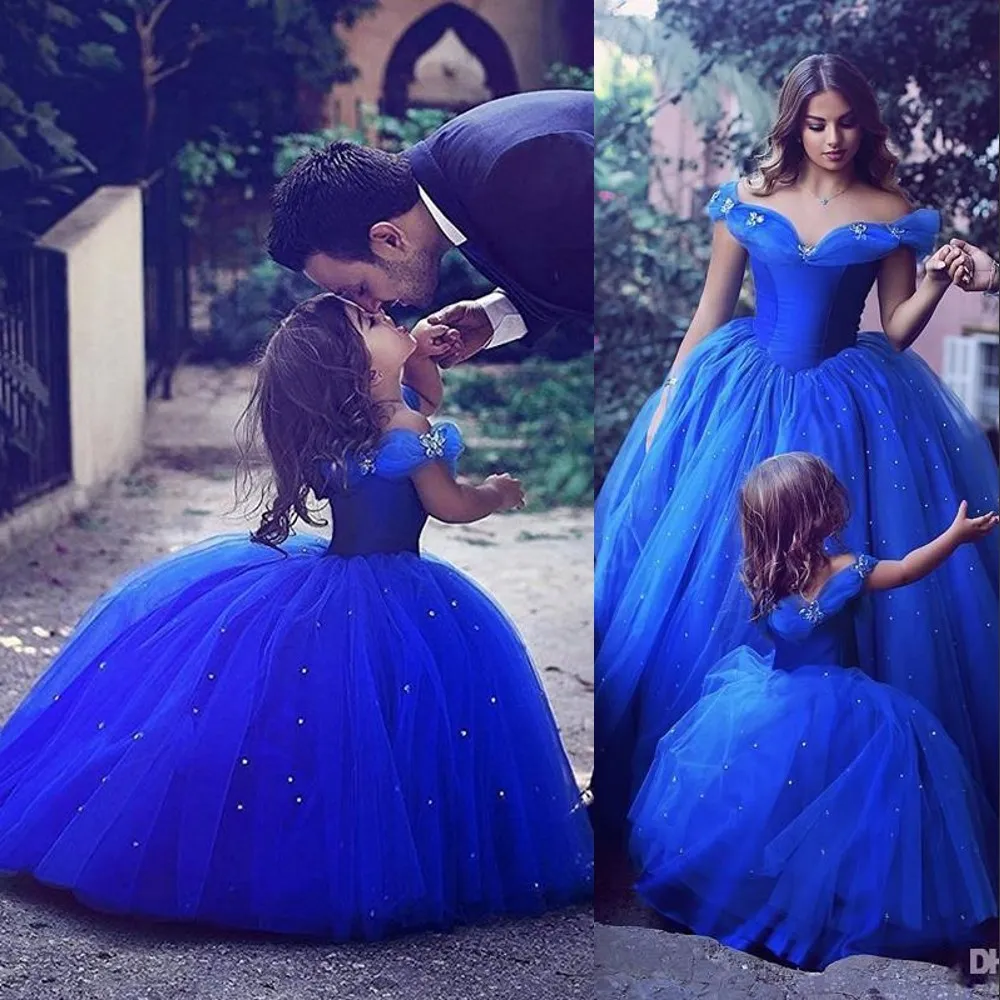 Cute Cheap Princess Royal Blue Girls Pageant Dresses Off Shoulder Tulle Pearls Beaded Ball Gowns Kids Party For Wedding Flower Girl Dresses