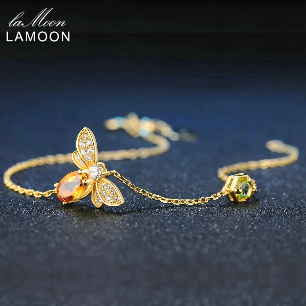 Lamoon Cute Bee 925 Sterling Silver Armband Kvinna Kärlek Citrine Gemstones Smycken 14K Guldpläterad Designer Smycken LMHI002 CX200612