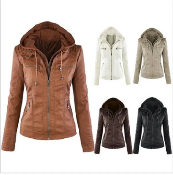Kobiety Plus Size XS-7XL Skórzana kurtka Jesień i zima Z Kapturem Z Długim Rękawem Slim Kurtki Kobiet Płaszcz