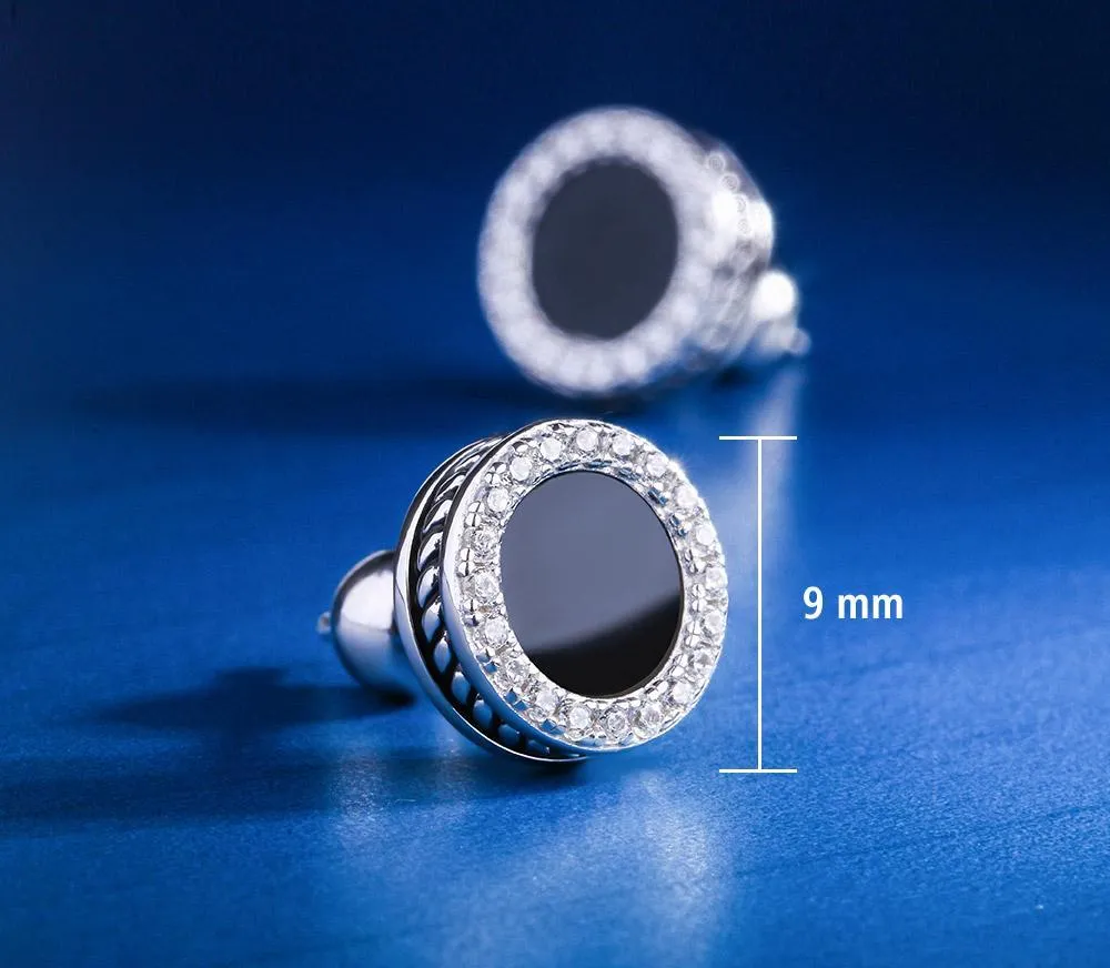 KRKC&CO White Gold 925 Sterling Silver Black Onyx Inlaid Round Earrings Hip Hop Jewelry for // online store
