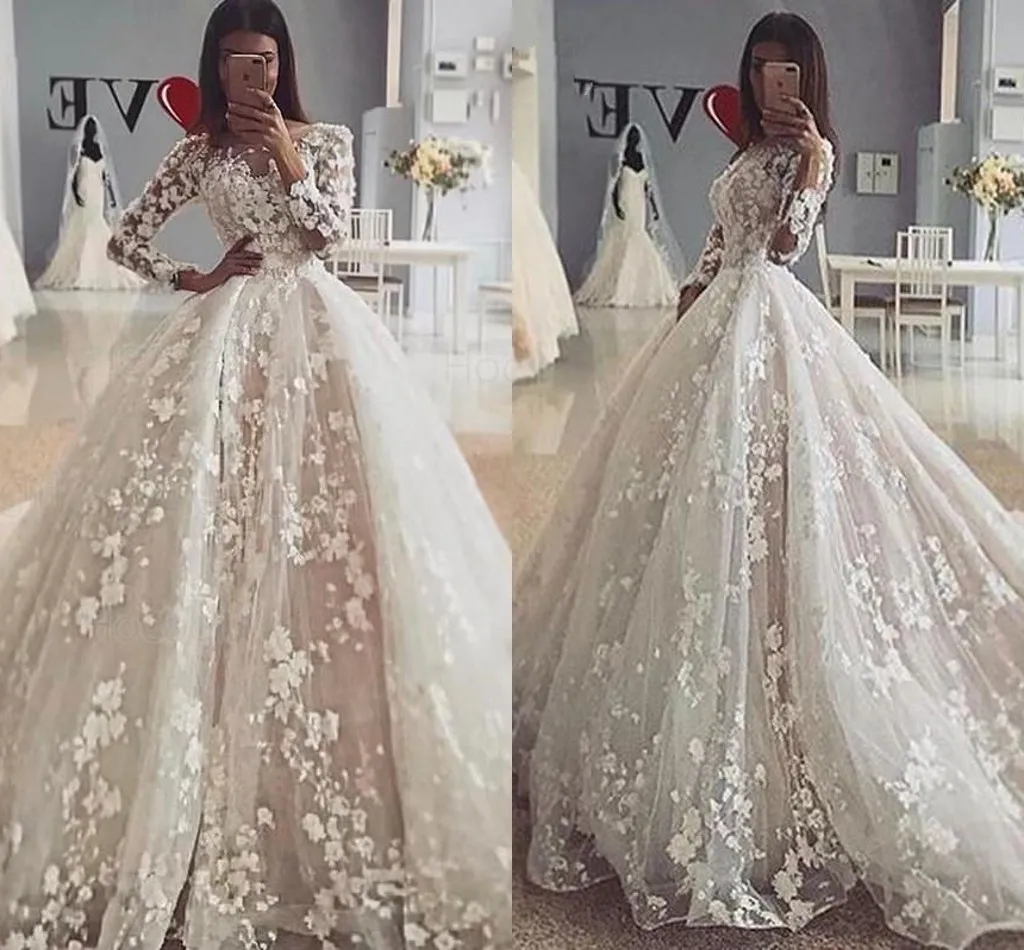 Princess 3D Floral Lace Wedding Dresses Long Sleeves 2021 Sheer Neck Applique A Line Bridal Gown Court Train Arabic Vestidos De Novia AL8637