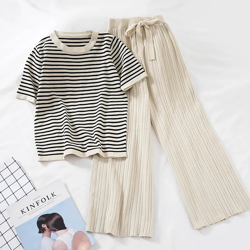 Chic New Loose Sweater Top High Waist Wide Leg Casual Pants Stickning Två Pieces Set Sweat Suits Matching Set för Women T200702