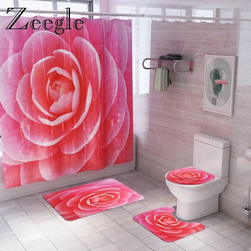 Zeegle 3D Printed Flower Bath Mat Set Waterproof Shower Curtain Toilet Shower Mat Anti-slip Bathroom Doormat Washable Foot Rug