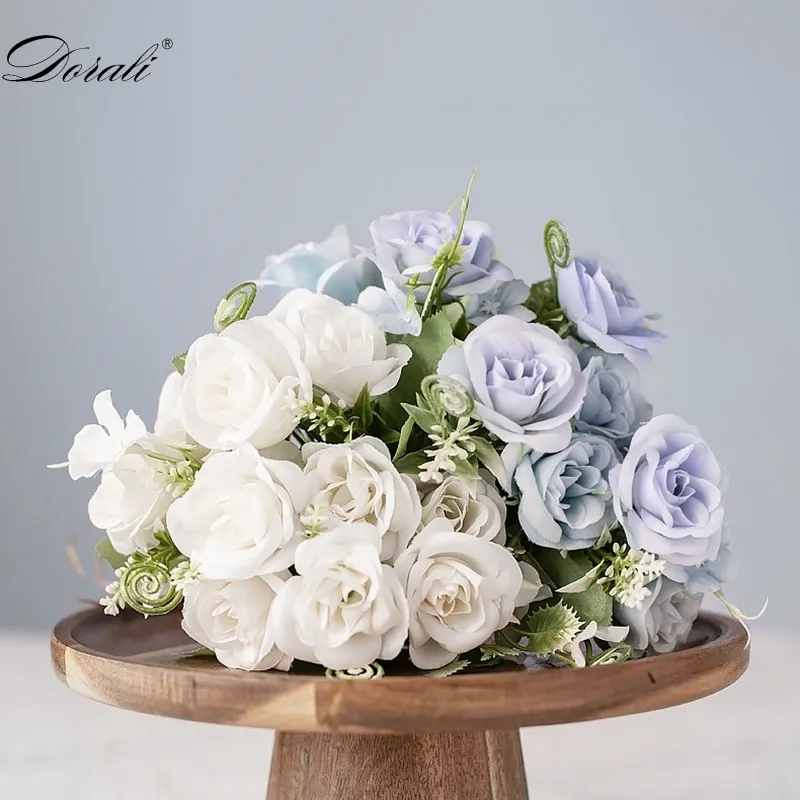 white silk artificial rose flowers for wedding marriage diy decoration small craft flowers blue mini fake flowers for home decor