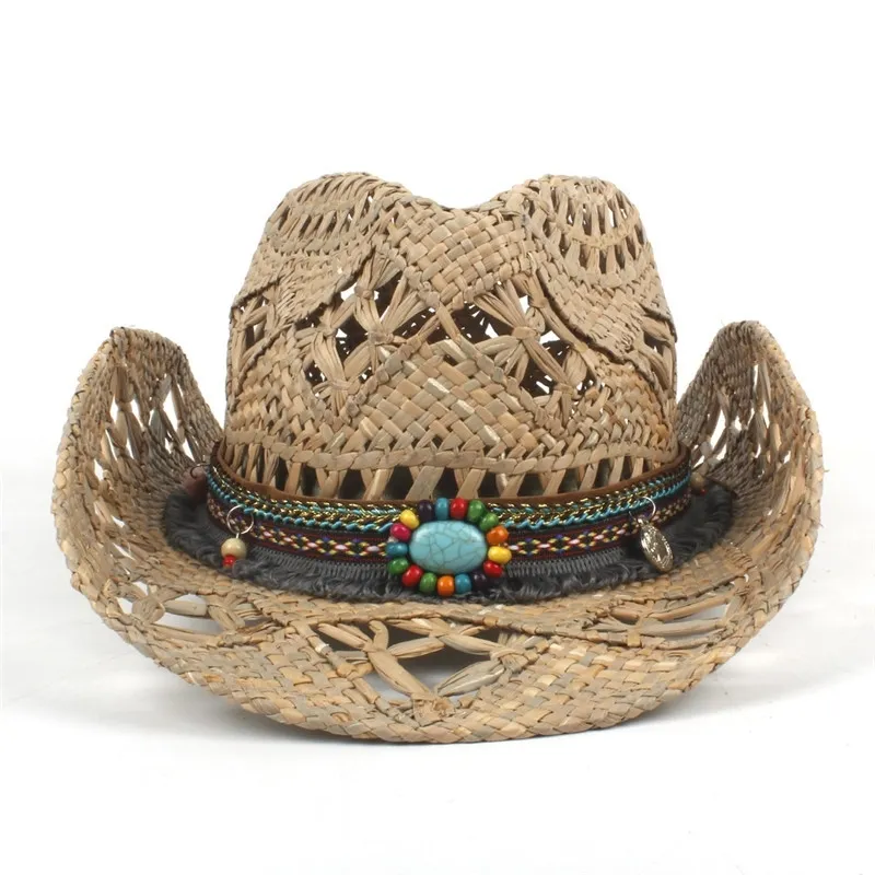 Sombrero de vaquero de paja 100% natural Mujeres Hombres Sombreros de vaquero tejidos a mano para dama Borla Verano Sombrero occidental Hombre Salvavidas Sombreros Y200102