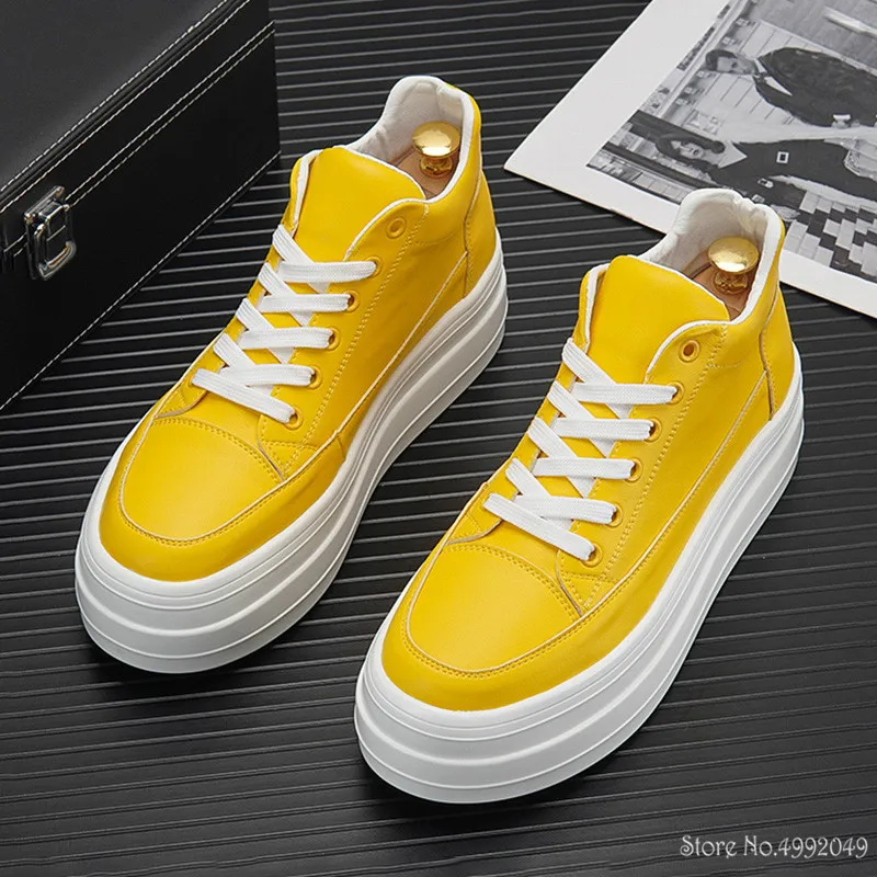 Luxury Designer New Men Yellow White Thick Bottom Heighten Shoes Causal Flats Loafers Moccasins Male Rock Walking Sneakers