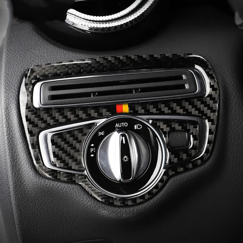 Karbon Far Far Anahtarı Çerçeve Kapak Trim Araç Stil Stil Sticker, Mercedes C Sınıfı W205 C180 C200 GLC Accessories300g