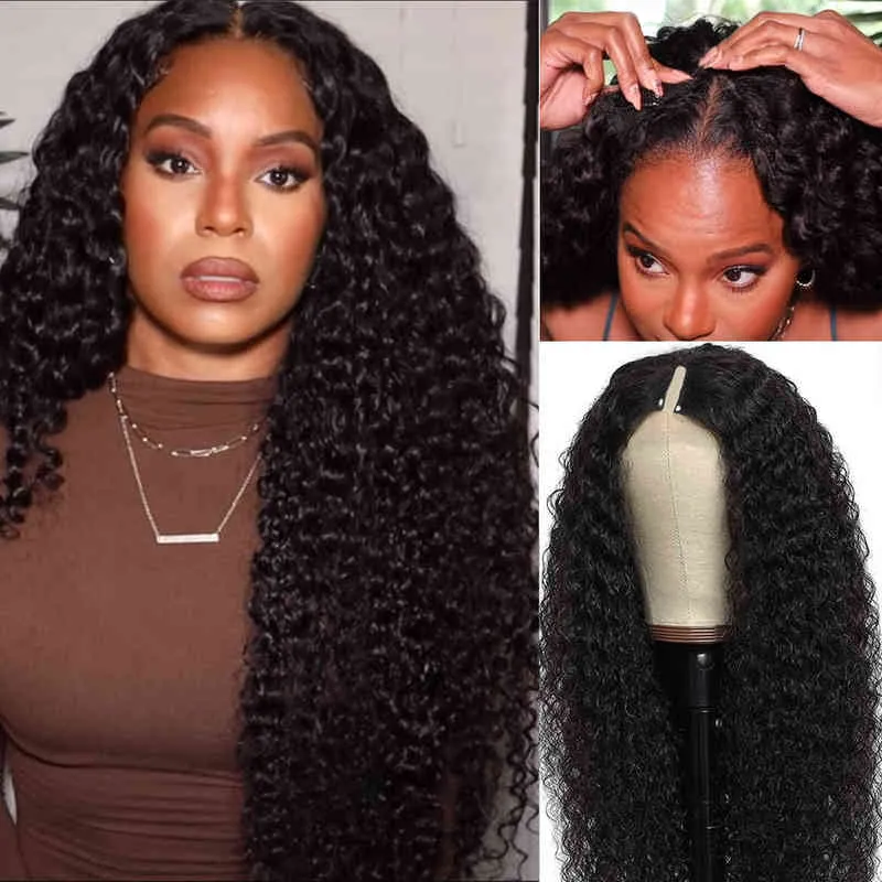 YYgY Kinky Curly Brazilian Hair Upgrade Wig V Part & U Part Blend With