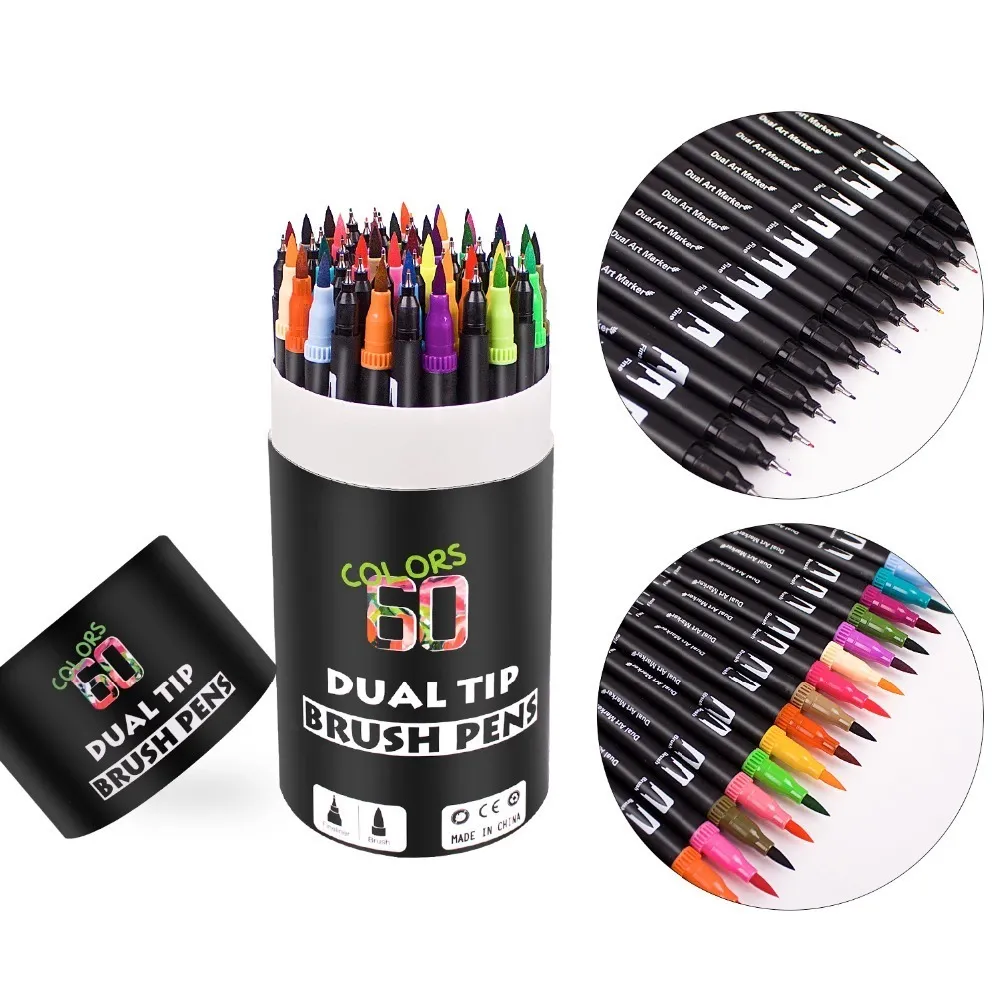 Dupla dica pincel penas 60 cores exclusivas lettering caneta marcadores escova fineliner dicas perfeitas para colorir arte doodling mão lettering 201155