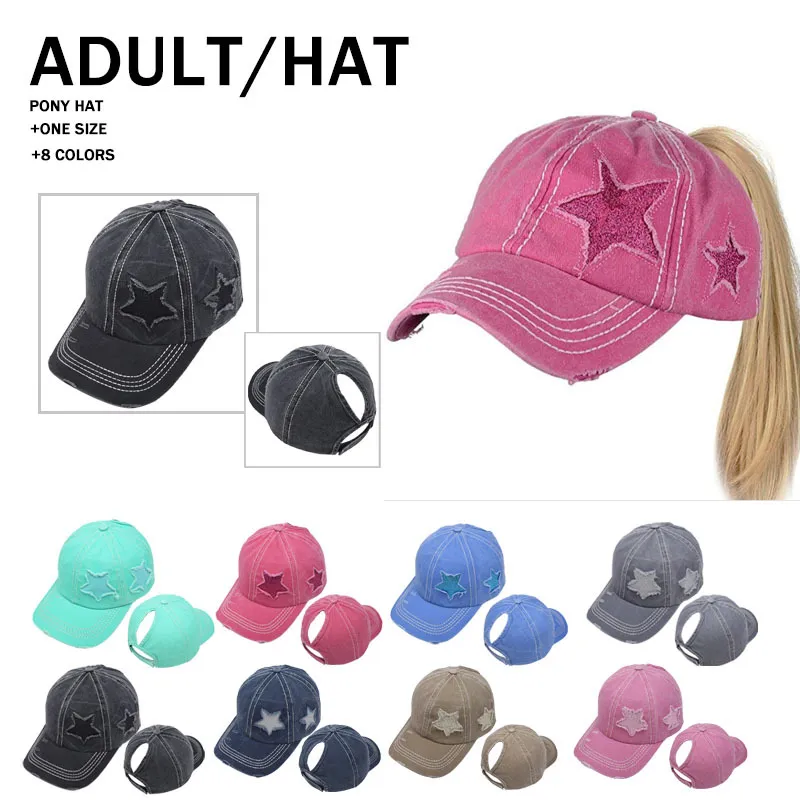 Solid Color Star Pattern Ponytail Baseball Cap Washed Cotton Ball Cap Fashion High Messy Hat 8styles RRA4054