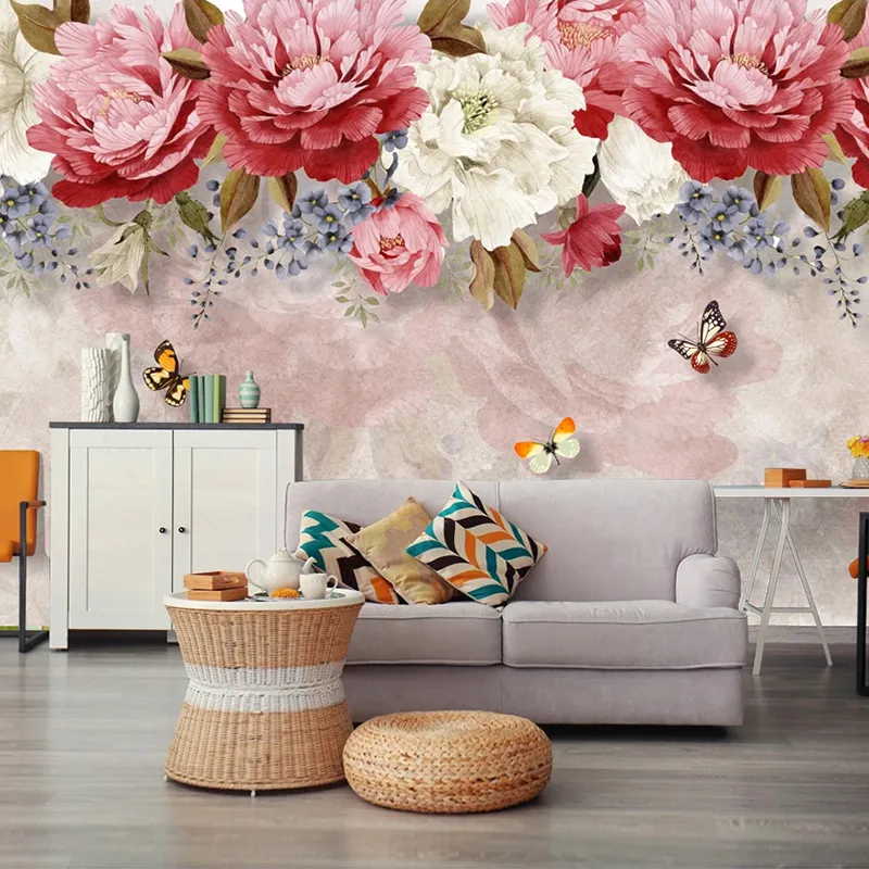 Niestandardowe 3d ręcznie malowane rośliny kwiat motyl duszpasterski duży mural salon sypialnia jadalnia wystrój ścienny malarstwo tapeta