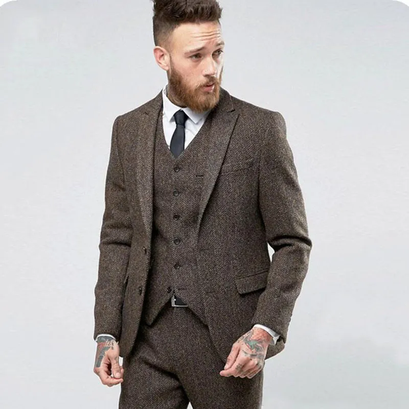 2021 Vintage Kahverengi Herringbone Tweed Erkekler Düğün Takım Elbise Için Takım Elbise Erkek Ceket Damat Damat Giymek Blazer Slim Fit Custom Made Smokin Resmi