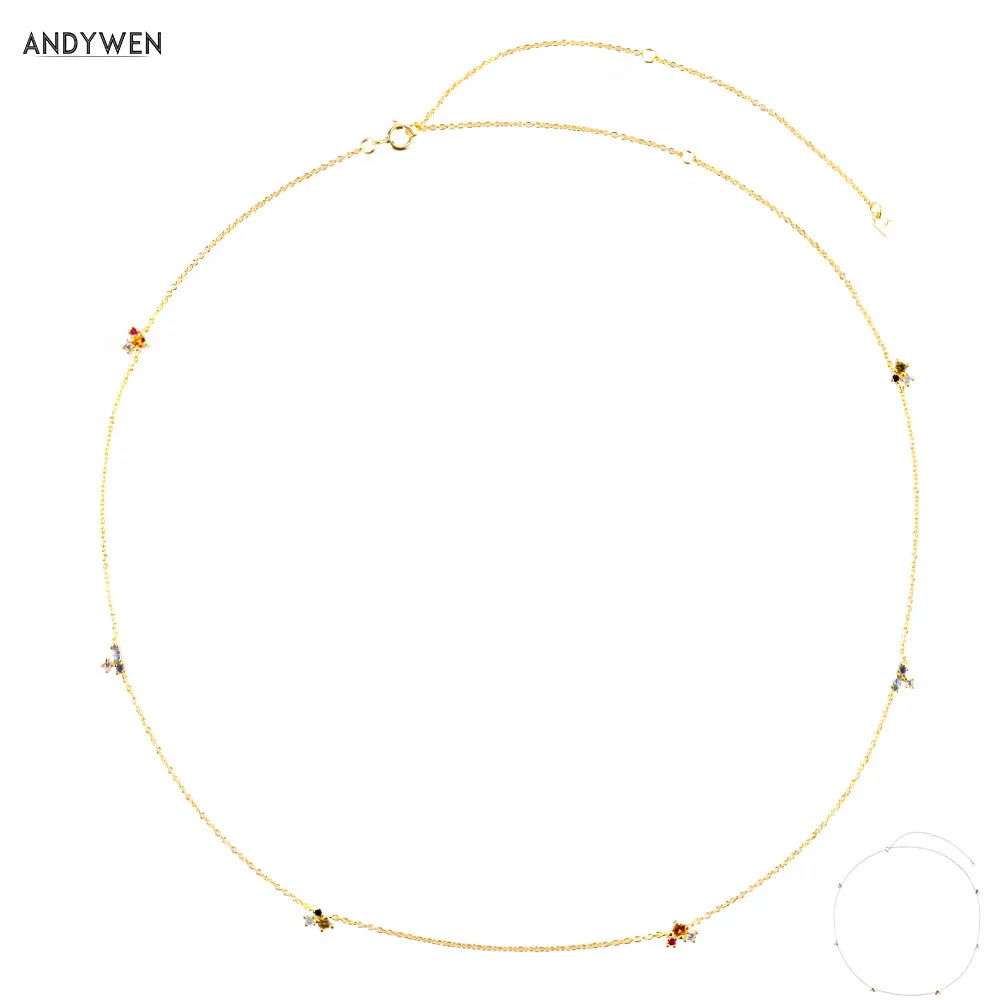 ANDYWEN 925 Sterling Silver Gold Olive Yellow Champagne Three Zircon Charms Long Chains Choker Necklace 2020 Rock Punk Crystal Q0531