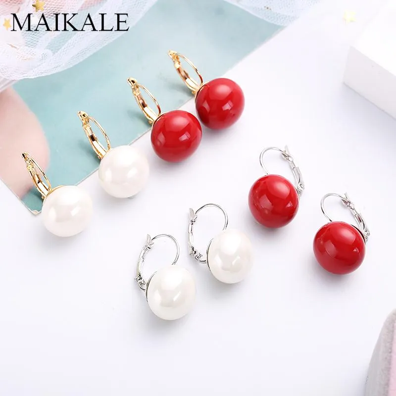 MAIKALE Semplici orecchini di perle rosse bianche Orecchini a sfera grandi color oro argento con goccia di perle per regalo di gioielli da donna