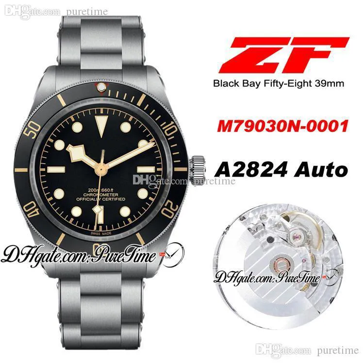 ZF Fifty Eight 39mm A2824 Automatic Mens Watch Red triangle Black Dial Gold White Markers Stainless Steel Bracelet Best Edition Puretime C01