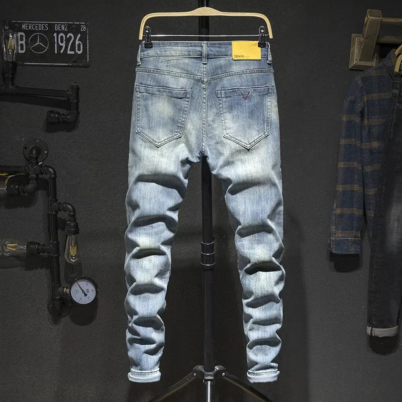 Mens Jeans Holes Frayed Hiphop Ripped Light Blue Stretch Slim Leg Streetwear Distressed Moto Biker Jeans Male Denim Pants3049
