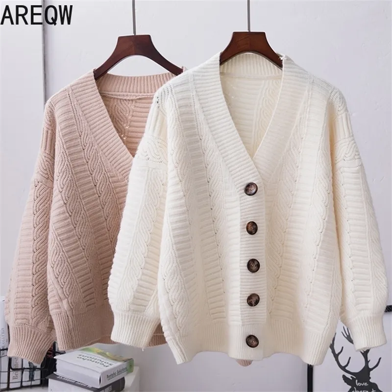 V-Neck Oversized Cardigans Sweter Kobiety Nowy Koreańczyk Białego Loose Duży rozmiar Kartacji Knittigan Tops 201023