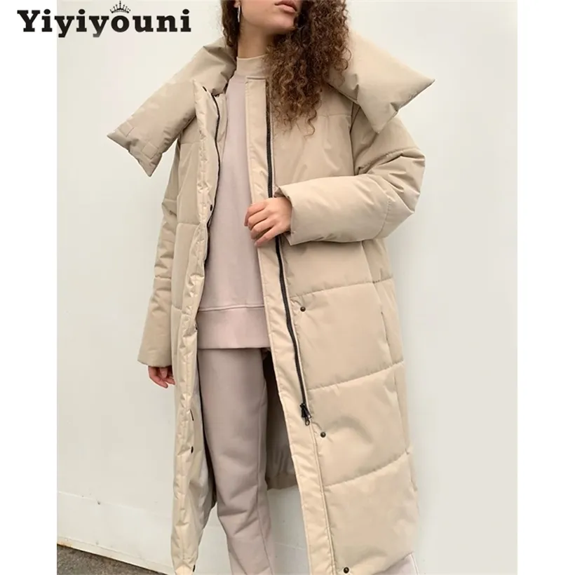 Yiyiyouni surdimensionné épais parcs longs parkas femmes hiver chaleureuse poches de coton manteau de coton taille droite