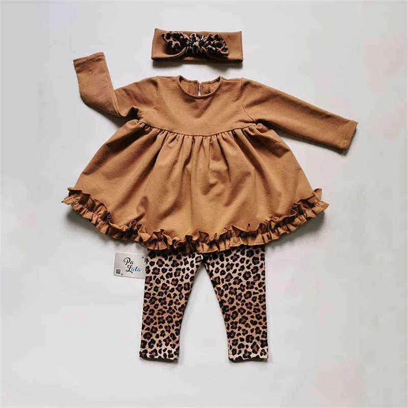 New Autumn Winter Toddler Kids Baby Girls Clothes Tracksuit Sets Ruffle Long Sleeve Tops Leopard Pants Headwear Outfits G220310