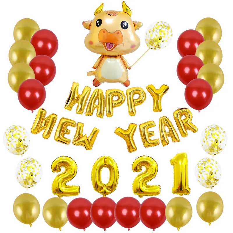 41pcs / set kinesiska nyårsdekorationer 2021 guld röd latex 16 tums nummer ballong kinesiska gott nytt år 2021 ballong party deco f1222