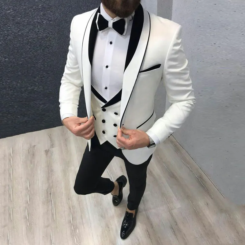 Custom Made Groomsmen Châle Revers Groom Tuxedos Blanc et Noir Hommes Costumes De Mariage Meilleur Homme Blazer (Veste + Pantalon + Noeud Papillon + Gilet) L612