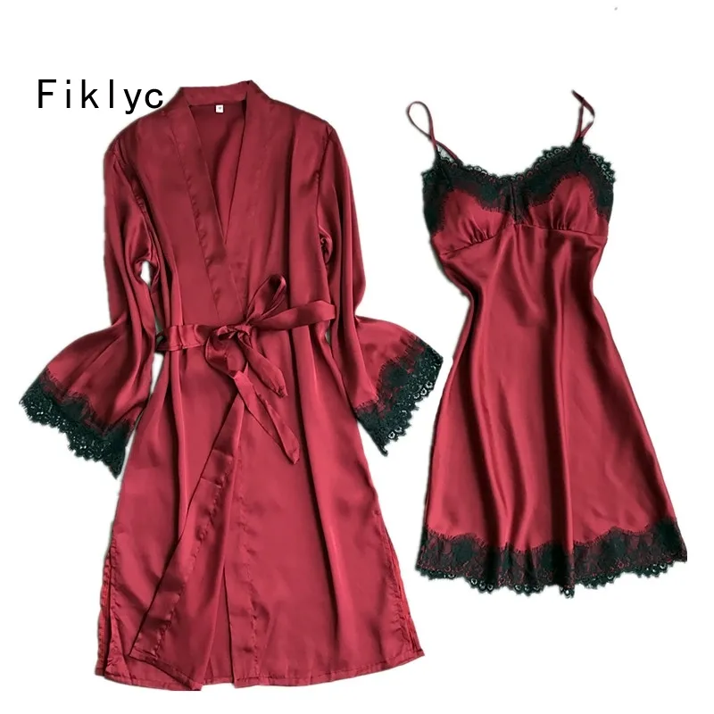 Fiklyc marca de manga completa sexy mulheres vestido de vestido conjuntos de espaguetes camisola de espaguete com roupão de banho feminino cetim cetim conjunto y200429