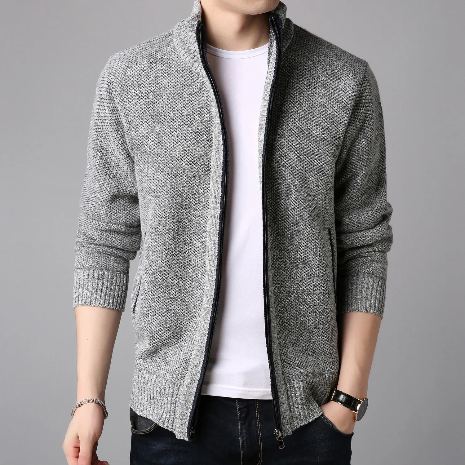 Manteau d'hiver en polaire pour hommes Poche latérale à manches longues Cardigan tricoté Zip complet Automne Chaud Homme À la mode Causal Vêtements LJ200919