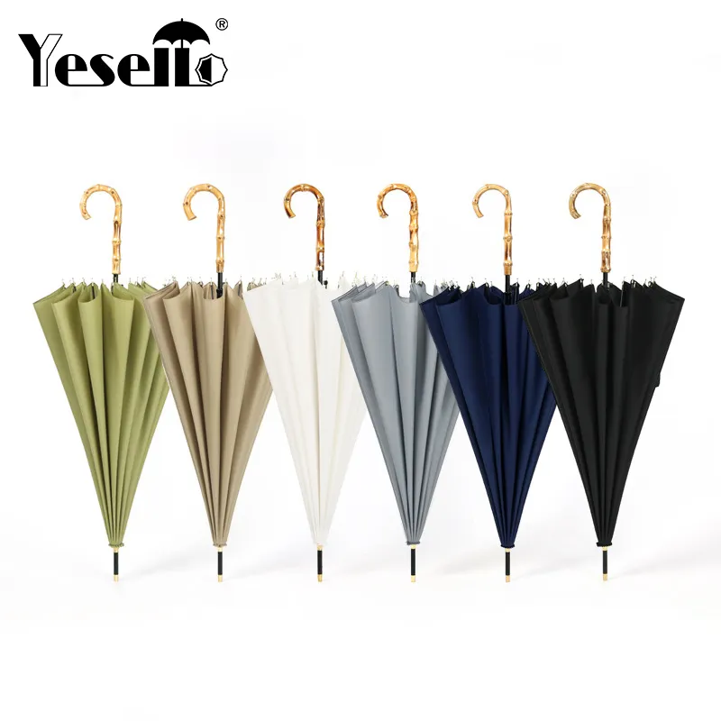 Yesello Bamboo Handle Strong Long Rain Umbrella Women Men 16K Glassfiber Japanese style Parasol 201112